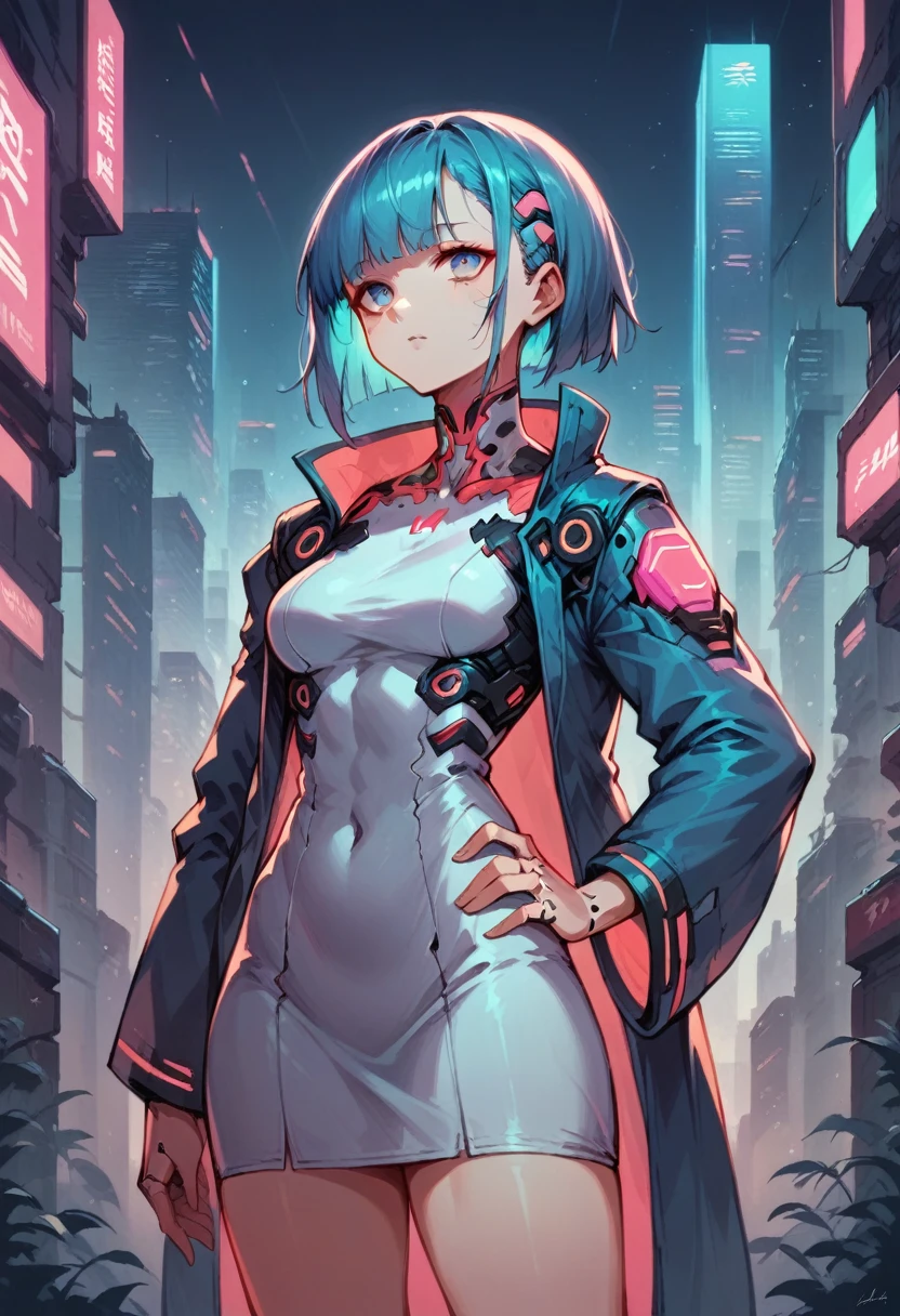 high quality image, futuristic anime style, cyberpunk, a girl in a futuristic city, neon colors, jacket with wide sleeves and white dress, medium hair with bangs, sultry body, blue hair on the outside and pink on the inside, cyan eyes, skin fair, hand on hip