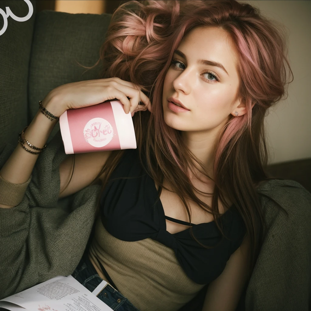 (())), 25-year-old Caucasian French girl with shoulder-length messy pink hair, adorned with ,  hair l . Captured in the best quality, this illustration serves as a 4K wallpaper,