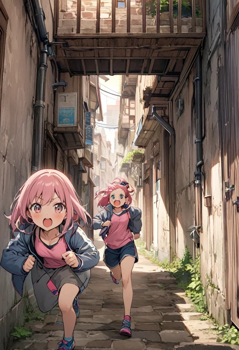 Town、Elongated passage、alley、Running pink hair girl