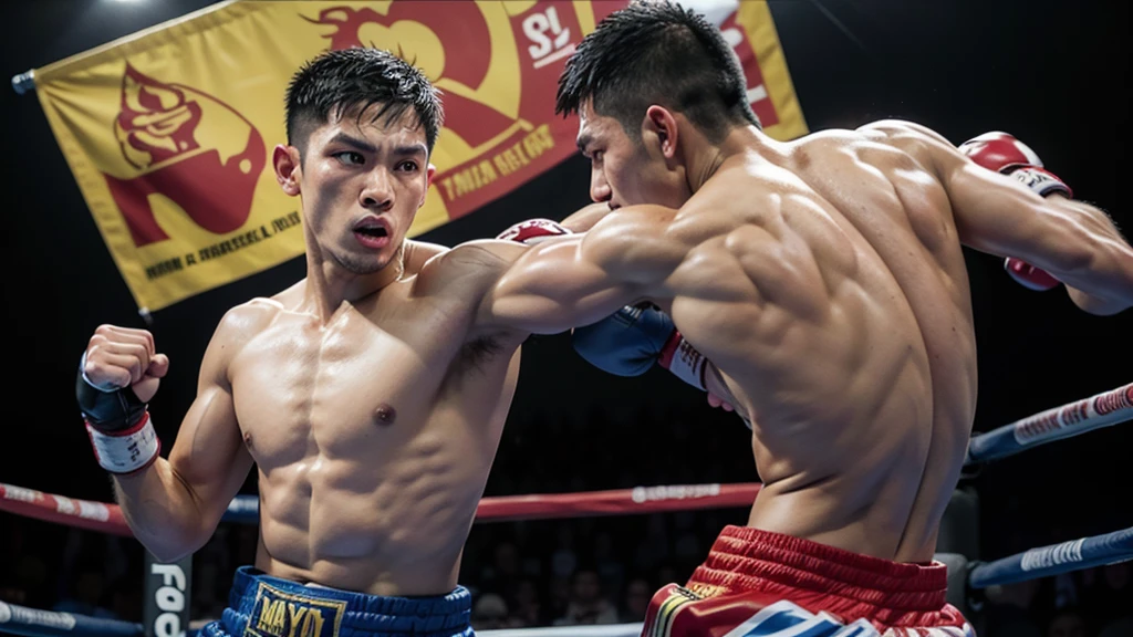 make a muay thai banner with man fighting