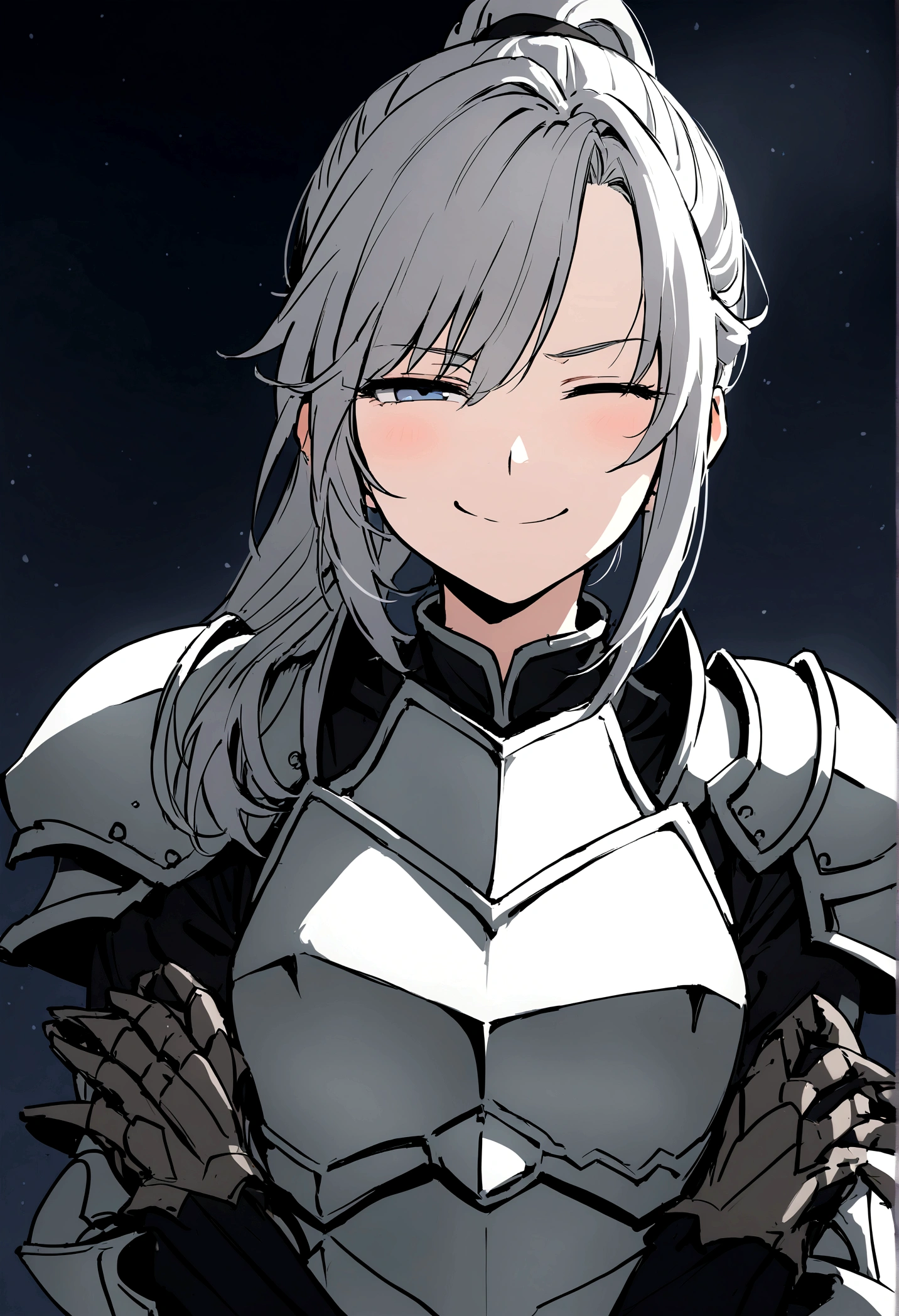 Beautiful girl knight in armor, Gray Hair, tsurime, fantastic, Face your body forward like a certificate photo, shoot from front, Ponytail, Armor Girl, beautiful female knight, Female Paladin, pale blue eyes, narrowed eyes squint, Talking mouth, upper body shot, drawing both arms, Mouth closed, eyes squinted even more, smiling face.