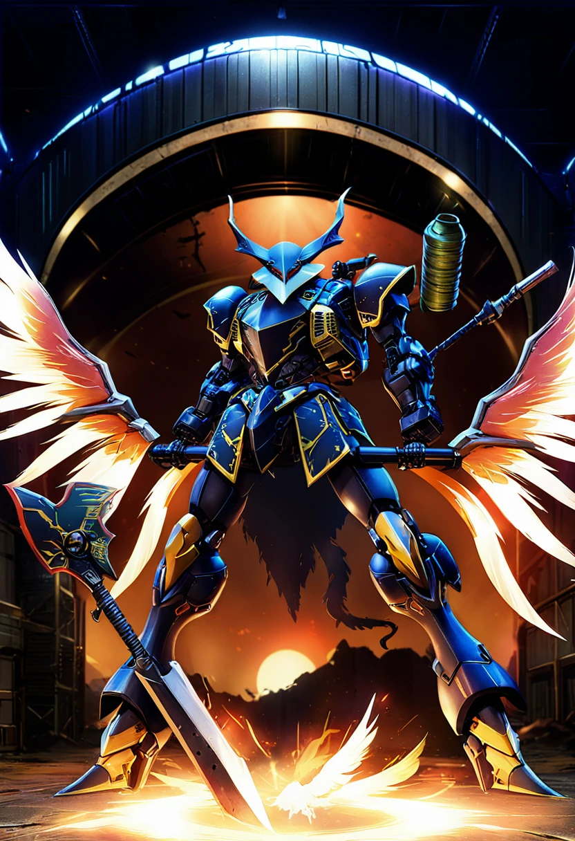 robot mecha, full body, facing viewer, masterpiece, highres, ultra-detailed, best quality, complex color grading, extremely detailed armor, recent, (spaceship hangar background:1.5), BREAK
(MRS:1.2), (ROBOTCGSTYLE:1.5), (phoenix-themed:1.5), (plague doctor mask:1.5), holding pickaxe, metal skin, armor, 