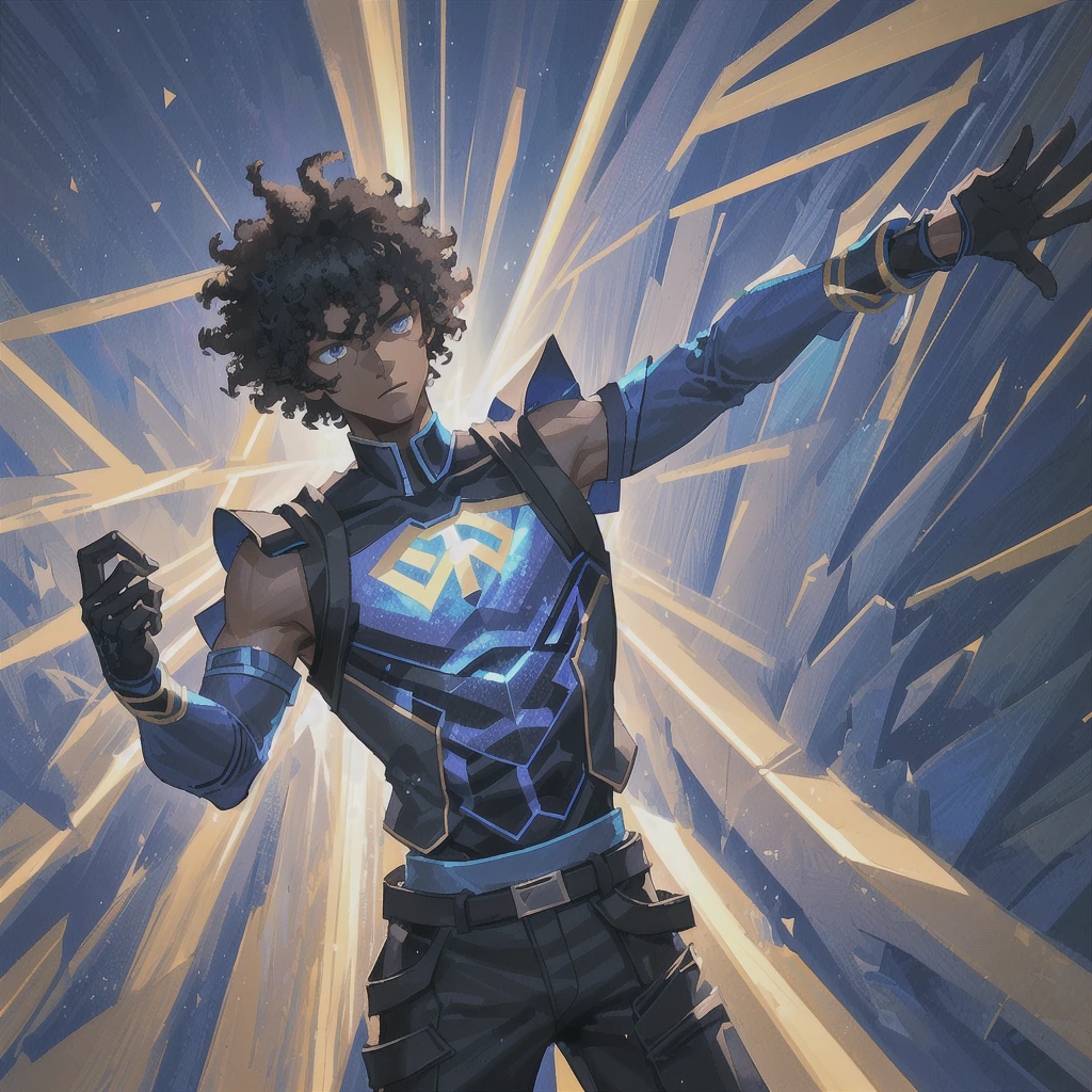 1boy, dark skinned, handsome, teenage, short black afro, blue vest with black sleeves, black spandex pants, superhero, energy sword, teleportation powers, cinematic lighting, dramatic pose, action scene, dynamic composition, vibrant colors, photorealistic, 4k, highly detailed, masterpiece