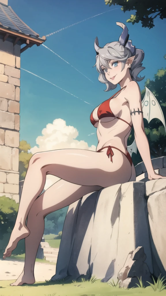 Beautiful arts wallpaper Sunset Outside castle top  High level image quality　best image quality　8K　 adult woman   silver castle outside  more colors   whole body view　portrait　 wearing pure red shaded bikini  　horn   naked ears  　short hair（（shortcut）（gray hair）（perm）（fluffy））　eye color is blue ,  , 　attractive evil face , smile   ,  pulling humans rope ,  labrynth , wings      , barefoot , exposing her ass to others, seduction ,   on green Field , from below