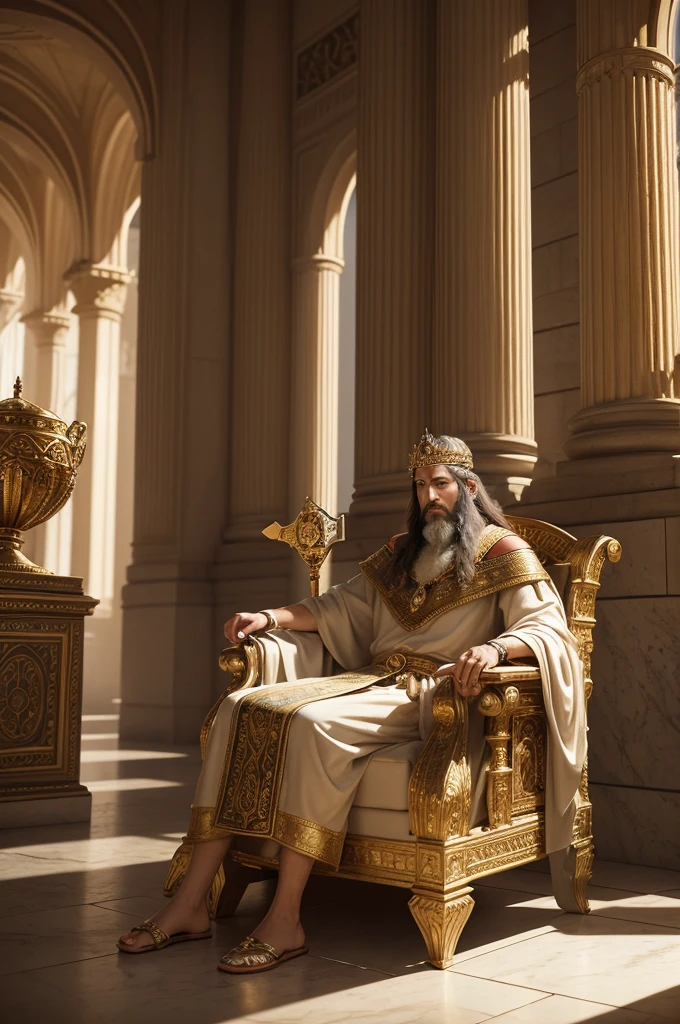 "realistic digital art of a scene from the book of Chronicles, showing King David sitting on his throne, with a look of wisdom and serenity, wearing richly detailed royal clothing, holding a scepter and a sacred scroll, surrounded by counselors and scribes, in a majestic palace hall with marble columns and detailed tapestries, soft and golden lighting, sharp focus, Depth of field, Intricate, highly detailed style, historic setting with authentic biblical elements, 4K, 8K"