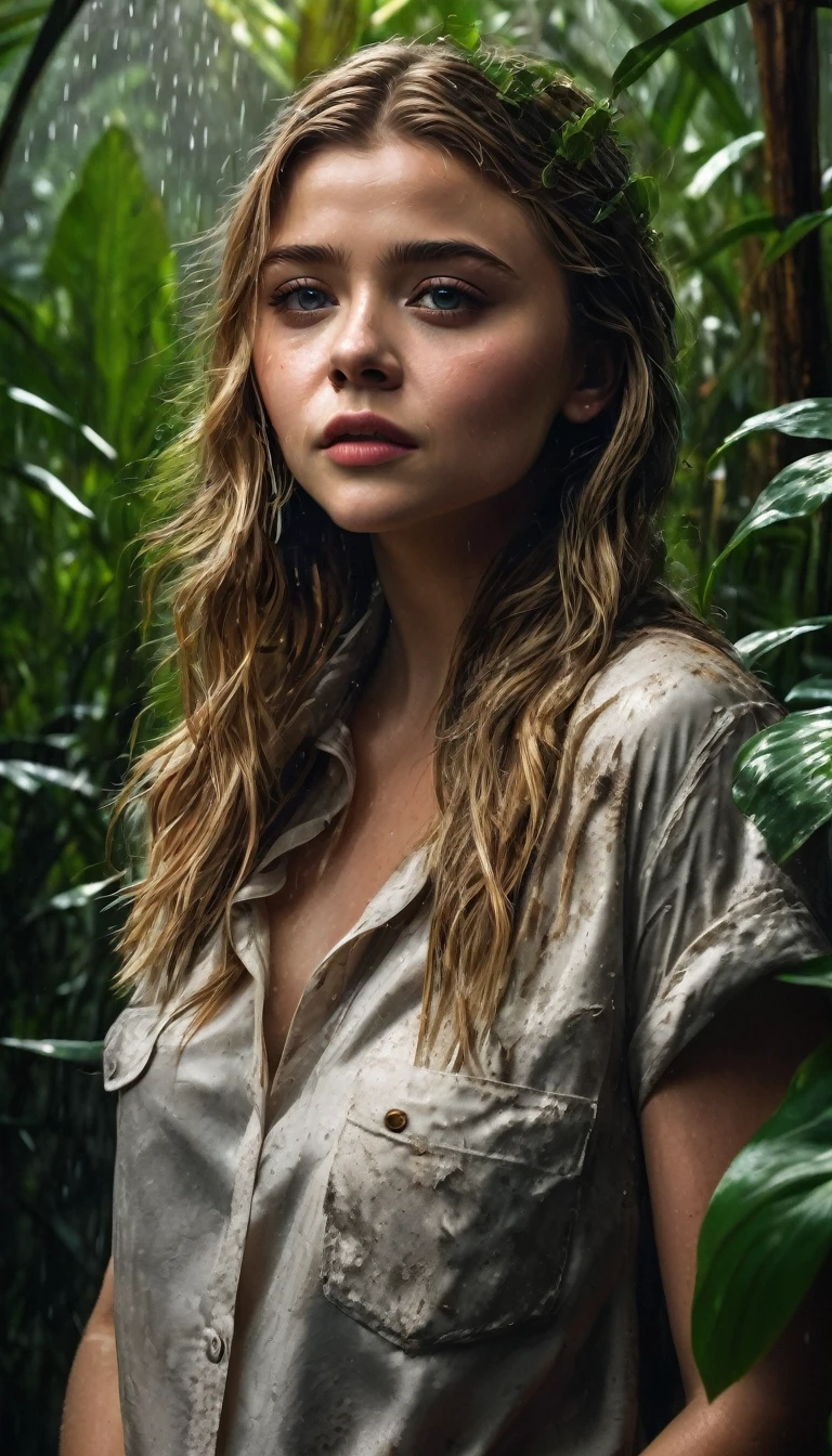 surreal portrait of Chloë Grace Moretz, beautiful detailed eyes,beautiful detailed lips,extremely detailed face, brunette girl, jungle setting, vines, tropical plants, muddy ground, rain,dramatic lighting, cinematic, moody colors, highly detailed, hyper realistic, 8K, (best quality,4k,8k,highres,masterpiece:1.2),ultra-detailed,(realistic,photorealistic,photo-realistic:1.37)