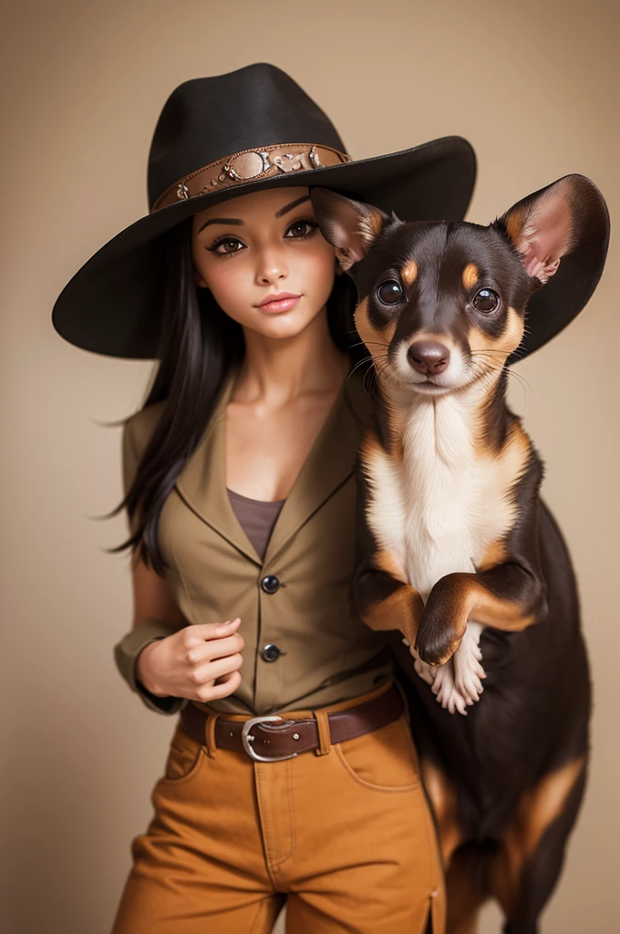 professional photography of a pinscher and a ferret in a cowboy hat