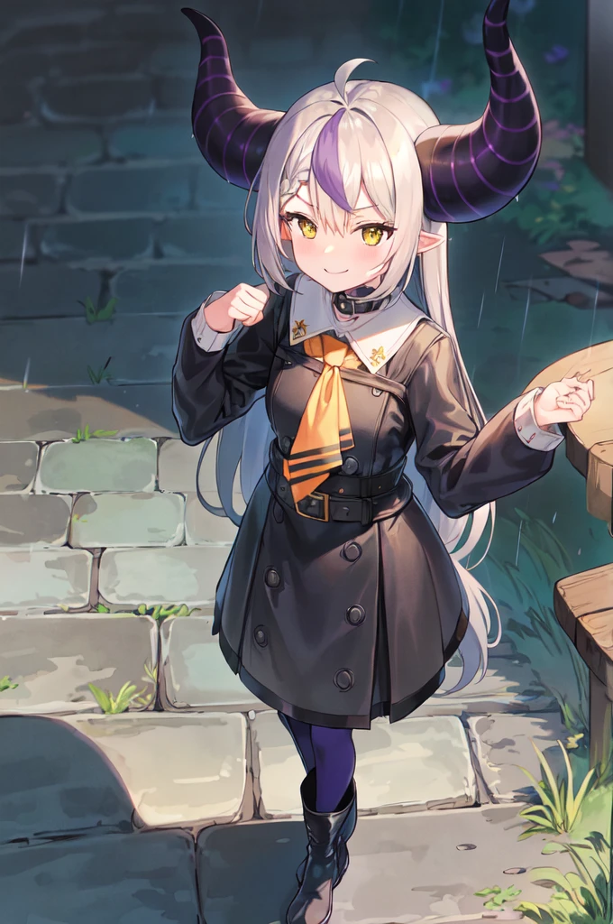 sleeves past wrists, sleeves past fingers, braid, Long sleeves, single leg pantyhose, yellow ascot, ascot, Black footwear, Dress, Metal collar, long boots, Black Dress, Collar, pantyhose, single thighhigh,Evil smile,castle, in the rain, starry detailed water, beautiful detailed starry sky, long shot