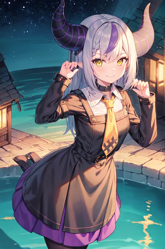 sleeves past wrists, sleeves past fingers, braid, Long sleeves, single leg pantyhose, yellow ascot, ascot, Black footwear, Dress, Metal collar, long boots, Black Dress, Collar, pantyhose, single thighhigh,Evil smile,castle, in the rain, starry detailed water, beautiful detailed starry sky, long shot