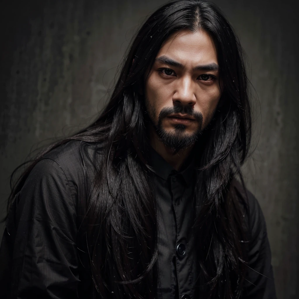 A japanese man, very long black hair, beautiful detailed eyes, detailed small nose, detailed lips, black medium beard, longeyelashes, serious expression, detailed facial feature, hyper realistic, dark moody atmosphere, muted color palette, dramatic shadows, with black clothes, 8k high definition