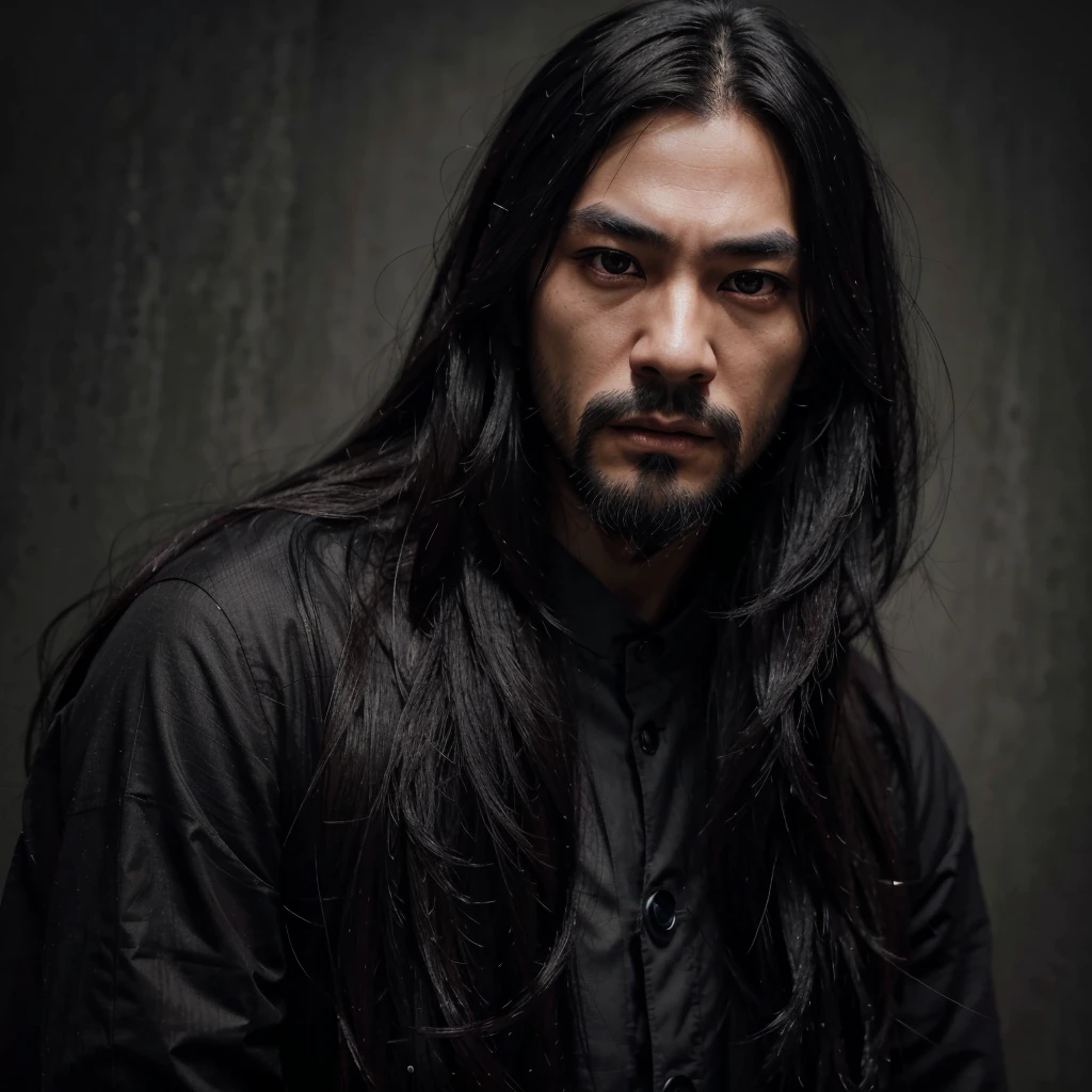 A japanese man, very long black hair, beautiful detailed eyes, detailed small nose, detailed lips, black medium beard, longeyelashes, serious expression, detailed facial feature, hyper realistic, dark moody atmosphere, muted color palette, dramatic shadows, with black clothes, 8k high definition
