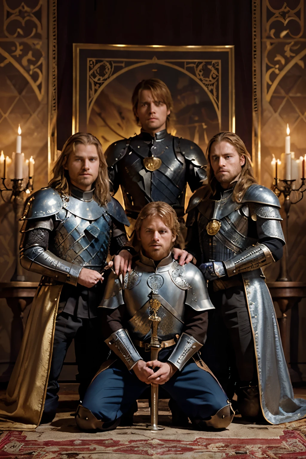 Two mans, a prince and a knight, a kneeling knight with blond hair and blue eyes, the knight has an ornate sword, a brown-haired prince with honey eyes, a poster of a gay romantic movie, medieval, game of thrones theme, stark and lannister, knight in full metal,