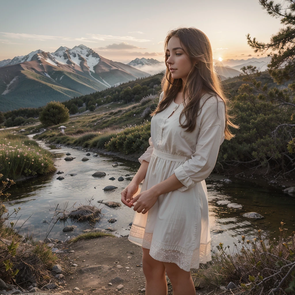 Setting: A majestic mountain scene at dawn. The mountains are covered in a light morning mist, with snow-capped peaks in the background. The sky displays soft shades of pink and orange in the light of the rising sun.

Character: A beautiful woman with long, loose hair that flows in the gentle breeze. She is dressed in a flowing, pastel-colored dress that complements the serene landscape. Your eyes reflect the peace and tranquility of the environment around you.

Position: The woman is standing on a trail that winds through the mountain. She is turned slightly to the side, looking at the horizon, with a slight smile on her lips. One hand is gently holding the straw hat on your head to protect it from the wind, while the other hand rests gently at your side.

Additional Details: Colorful wildflowers dot the path around it, and a crystal clear stream runs alongside the trail, reflecting the colors of dawn. A few birds fly in the distance, adding life to the peaceful scene.