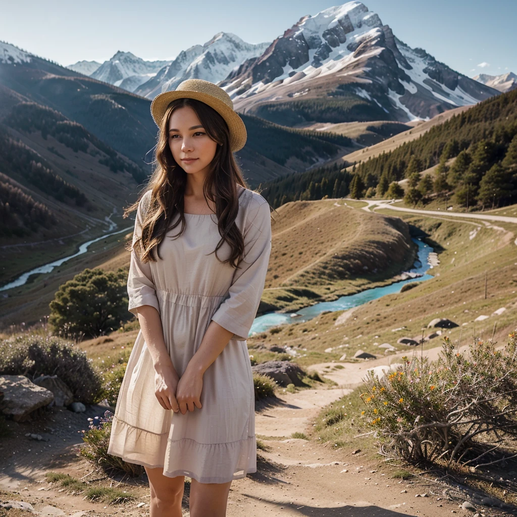 Setting: A majestic mountain scene at dawn. The mountains are covered in a light morning mist, with snow-capped peaks in the background. The sky displays soft shades of pink and orange in the light of the rising sun.

Character: A beautiful woman with long, loose hair that flows in the gentle breeze. She is dressed in a flowing, pastel-colored dress that complements the serene landscape. Your eyes reflect the peace and tranquility of the environment around you.

Position: The woman is standing on a trail that winds through the mountain. She is turned slightly to the side, looking at the horizon, with a slight smile on her lips. One hand is gently holding the straw hat on your head to protect it from the wind, while the other hand rests gently at your side.

Additional Details: Colorful wildflowers dot the path around it, and a crystal clear stream runs alongside the trail, reflecting the colors of dawn. A few birds fly in the distance, adding life to the peaceful scene.