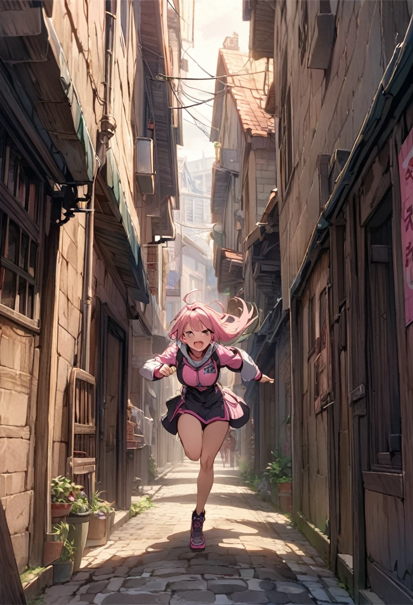 Town、Elongated passage、alley、Running pink hair girl
