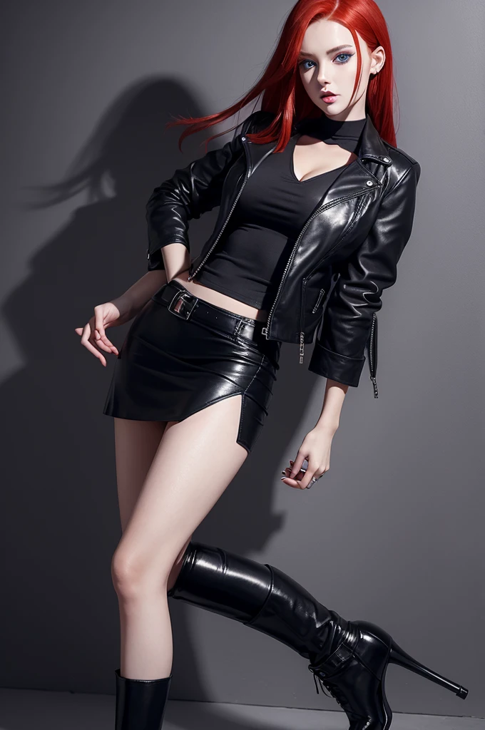 1 girl with blue eyes red hair long straight black mini short skirt formal leather jacket cleavage black tights high heels best quality