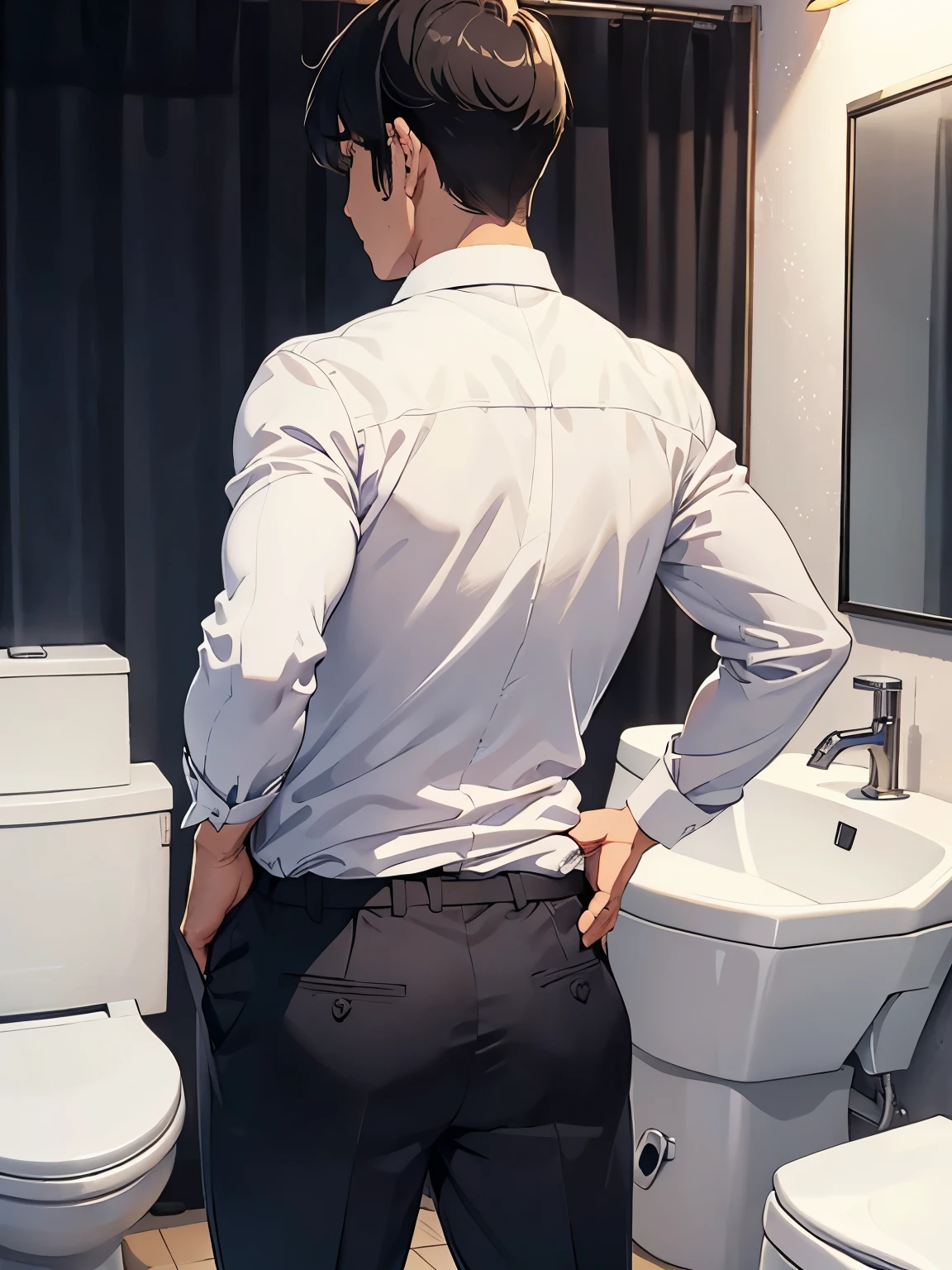 Back view of a standing middle-aged man、slacks、White Y-shirt and tie、A dark and suspicious toilet at night、((Hands on crotch))、Top angle