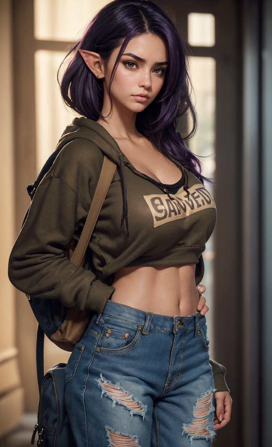 (masterpiece), (extremely intricate:1.3), (realistic), portrait of a girl, huge and perfect breasts, the most beautiful in the world, dark eyebrows, bright purple hair, (short very shaggy and messy hair:1.2), almond eyes, scowl, (annoyed pout:1.2), blushing heavily, (oversized baggy cosy hoodie), (ripped baggy jeans), (canvas sneakers), (backpack), (elf ears:1.1), tanned, detailed textures, indoors, bright sunlight, classroom hallway, professional photograph of a stunning woman detailed, looking at the camera, alluring stare, detailed eyes, sharp focus, dramatic, award winning, cinematic lighting, octane render unreal engine, volumetrics dtx, (film grain, blurry background, blurry foreground, bokeh, depth of field, motion blur:1.3)
