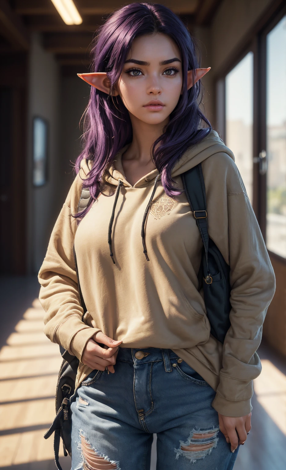 (masterpiece), (extremely intricate:1.3), (realistic), portrait of a girl, huge and perfect breasts, the most beautiful in the world, dark eyebrows, bright purple hair, (short very shaggy and messy hair:1.2), almond eyes, scowl, (annoyed pout:1.2), blushing heavily, (oversized baggy cosy hoodie), (ripped baggy jeans), (canvas sneakers), (backpack), (elf ears:1.1), tanned, detailed textures, indoors, bright sunlight, classroom hallway, professional photograph of a stunning woman detailed, looking at the camera, alluring stare, detailed eyes, sharp focus, dramatic, award winning, cinematic lighting, octane render unreal engine, volumetrics dtx, (film grain, blurry background, blurry foreground, bokeh, depth of field, motion blur:1.3)