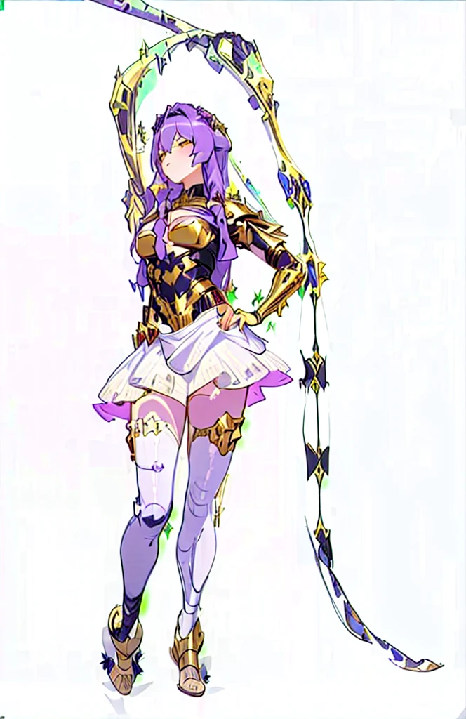 ((detailed)), High_quality, (realistic), CG, art, 8k, masterpiece, (front), character_art, (Sirin), purple_hair, long_hair, medium_breasts, armor, (bodysuit), (greek_clothing), golden accents, latex_bodysuit, glowing_bodysuit, (high_Heels), sexy, lunar themed attire, triumphant pose, vi from arcane, (princess), crown