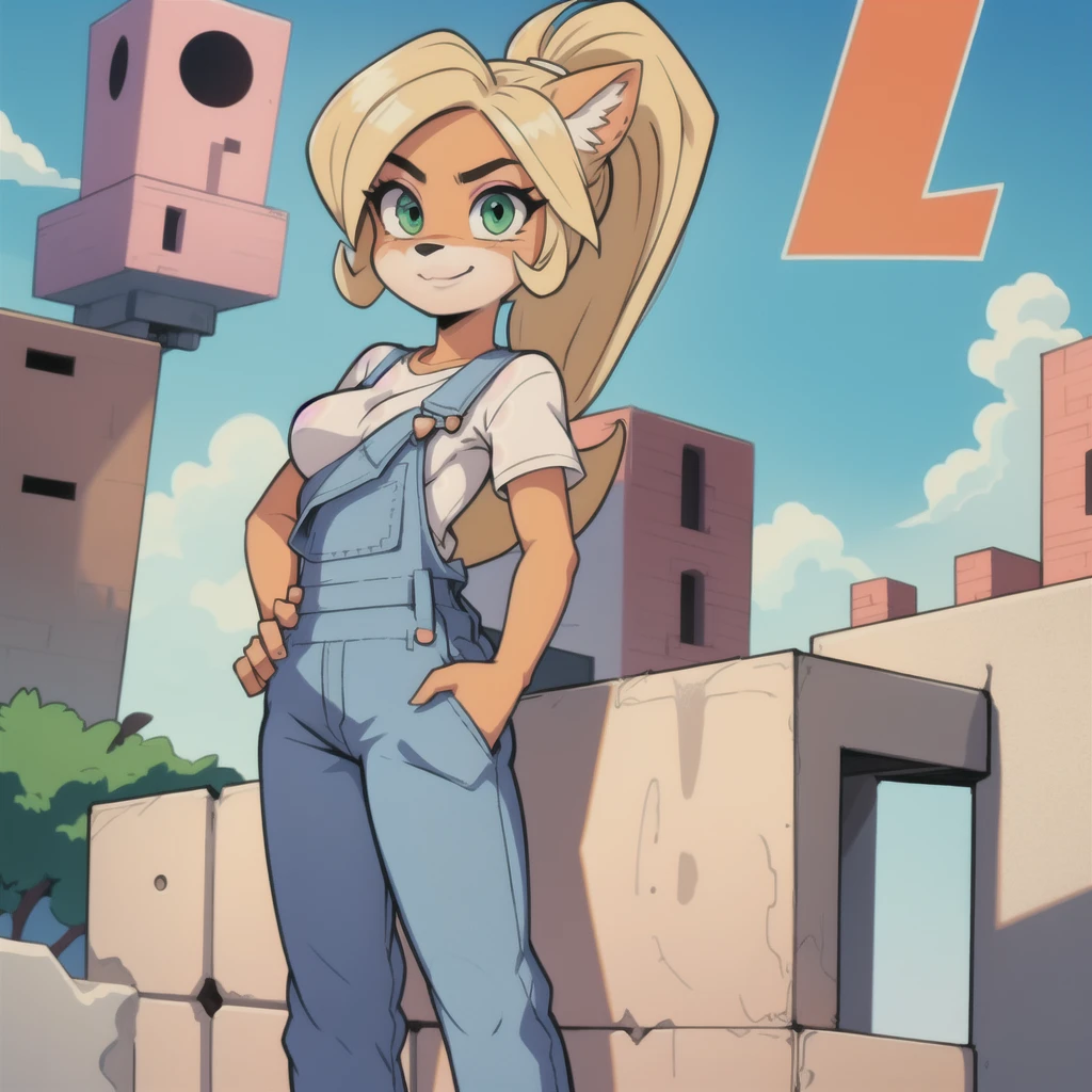 (1girl:1.000), (animal ears:0.961), (blonde hair:0.780), (blue sky:0.975), (breasts:0.881), (building:0.952), (city:0.815), (closed mouth:0.715), (cloud:0.971), (day:0.980), (furry:0.941), (furry female:0.963), (green eyes:0.925), (hand on hip:0.937), (hands on hips:0.966), (long hair:0.853), (looking at viewer:0.633), (outdoors:0.967), (overalls:0.798), (shirt:0.869), (short sleeves:0.679), (sky:0.989), (skyscraper:0.862), (small breasts:0.673), (smile:0.902), (solo:0.997), (standing:0.709), (tree:0.596), (white shirt:0.894), Coco Bandicoot, female, furry, animal ears, orange fur, blonde hair, green eyes, pink eyeshadow, ponytail, long hair,masterpiece, beautiful, white shirt, overalls, goggles on head, ponytail, white shirt short sleeves,  pink sleeves, denim overalls pants, Four-star dragon ball in the left hand, battlefield, curious,dragon ball