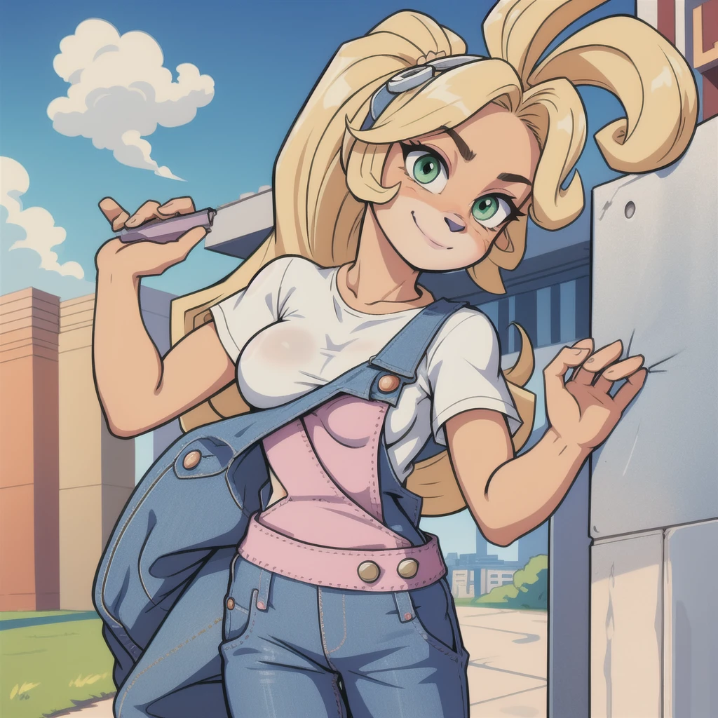 (1girl:1.000), (animal ears:0.961), (blonde hair:0.780), (blue sky:0.975), (breasts:0.881), (building:0.952), (city:0.815), (closed mouth:0.715), (cloud:0.971), (day:0.980), (furry:0.941), (furry female:0.963), (green eyes:0.925), (hand on hip:0.937), (hands on hips:0.966), (long hair:0.853), (looking at viewer:0.633), (outdoors:0.967), (overalls:0.798), (shirt:0.869), (short sleeves:0.679), (sky:0.989), (skyscraper:0.862), (small breasts:0.673), (smile:0.902), (solo:0.997), (standing:0.709), (tree:0.596), (white shirt:0.894), Coco Bandicoot, female, furry, animal ears, orange fur, blonde hair, green eyes, pink eyeshadow, ponytail, long hair,masterpiece, beautiful, white shirt, overalls, goggles on head, ponytail, white shirt short sleeves,  pink sleeves, denim overalls pants, Four-star dragon ball in the left hand, battlefield, curious,dragon ball