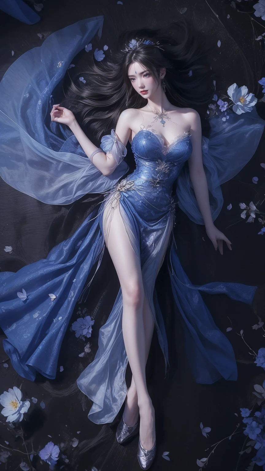 A beautiful woman with perfect curves wearing a long blue dress that gently flutters in the air,The beautiful woman was lie down in a sea of beautiful flowers surrounding her, Chinese traditional, her flexible body increasing with every movement, So enchanting, the dim candlelight, the glowing butterflies fighting the darkness of the night, the light of the moon, The night wind blowing the curtains, the blue flower petals , flower petals flying around the room, Chinese dancing, This woman is so beautiful that she attracts everyone who watches her, ancient China, imperial empress 