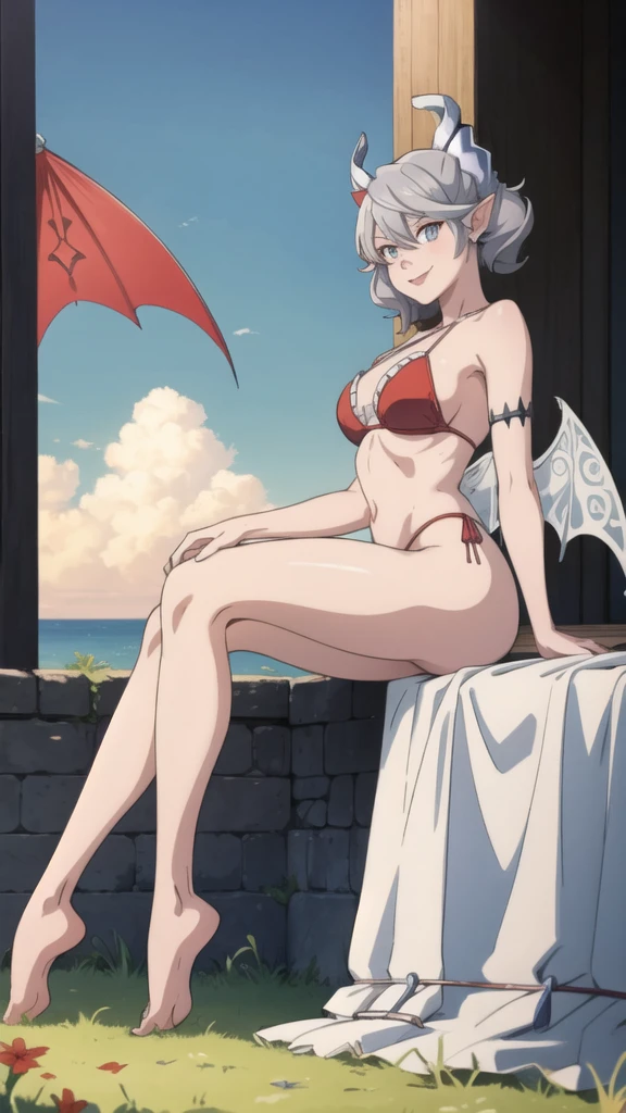 Beautiful arts wallpaper Sunset Outside castle top High level image quality best image quality 8K adult woman silver castle outside more colors whole body view portrait wearing pure red shaded bikini horn naked ears short hair((shortcut)(gray hair)(perm)(fluffy)) eye color is blue , , attractive evil face , smile , human slave , labrynth , wings , barefoot , exposing her ass to others, seduction , on green Field , from below