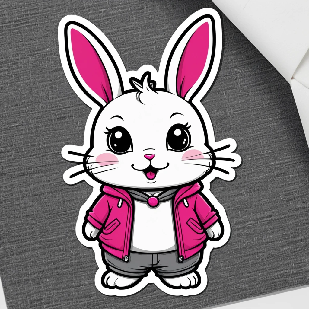 Clothing sticker design, cartoon rabbit, rabbit sticker, A high resolution, high detail, cartoon style, color gray and pink