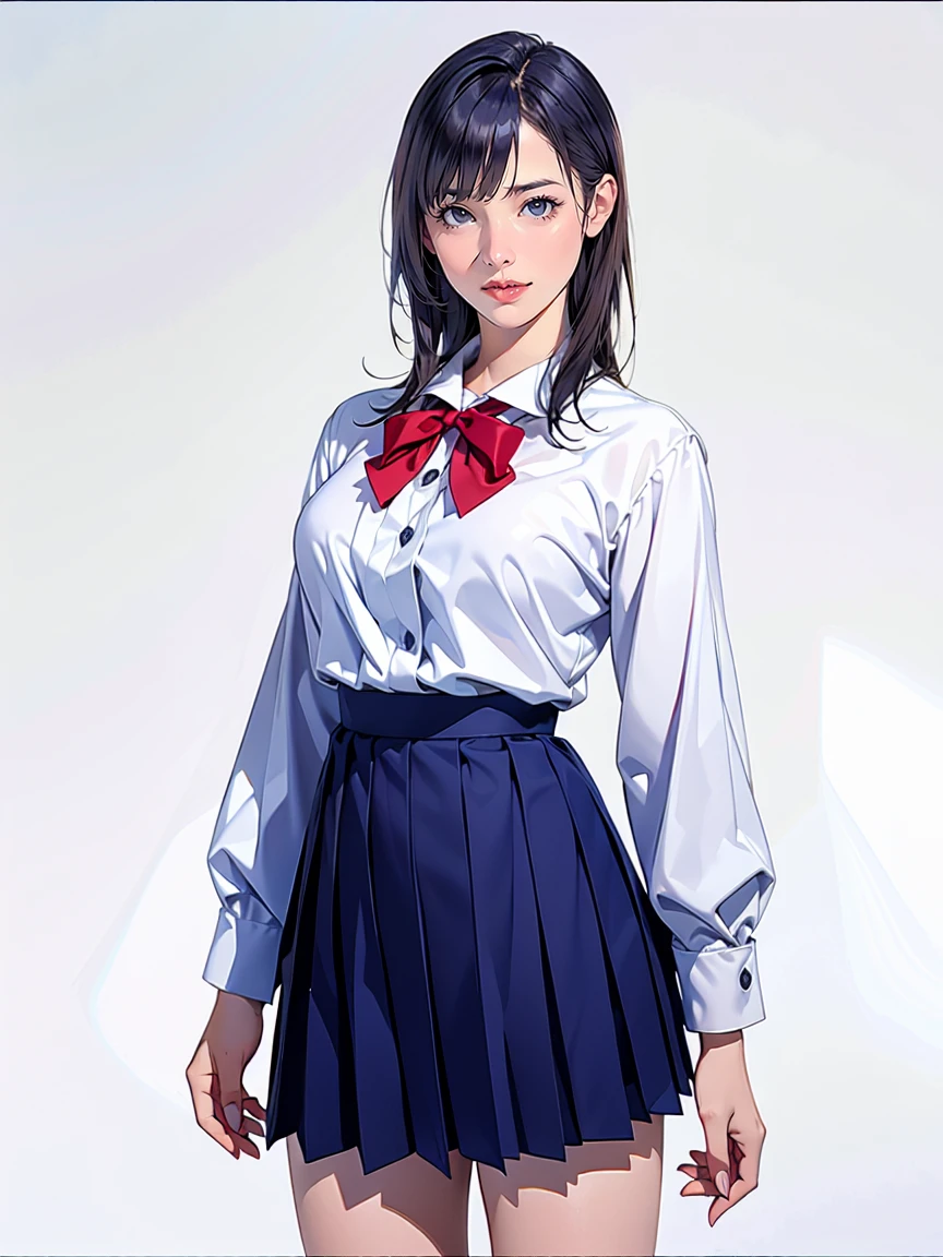 (Highest quality、masterpiece、、Highest quality、Hyperrealism、Ultra HD)、(White polyester collared blouse:1.2)、(Navy Pleated Skirt:1.5)、( Red bow tie on chest:1.1)、Perfect Style、Perfect body line、Large Breasts、Slender body、Perfect beautiful anime style、Smooth anime CG art、(The simplest pure white background:1.1)、Standing Elegantly、(Panties photographed from below:1.1)、 I can see her panties:1.1)、Embarrassed expression、smile
