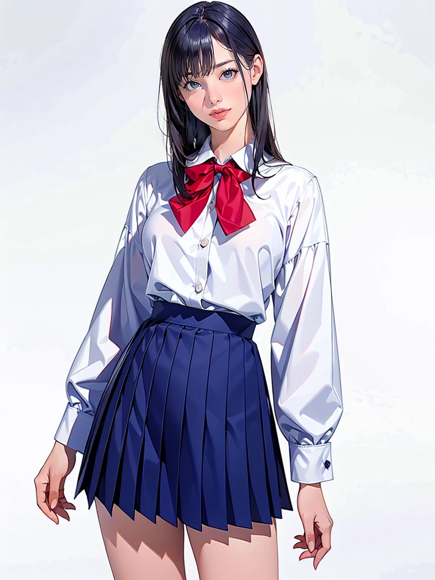 (Highest quality、masterpiece、、Highest quality、Hyperrealism、Ultra HD)、(White polyester collared blouse:1.2)、(Navy Pleated Skirt:1.5)、( Red bow tie on chest:1.1)、Perfect Style、Perfect body line、Large Breasts、Slender body、Perfect beautiful anime style、Smooth anime CG art、(The simplest pure white background:1.1)、Standing Elegantly、(Panties photographed from below:1.1)、 I can see her panties:1.1)、Embarrassed expression、smile