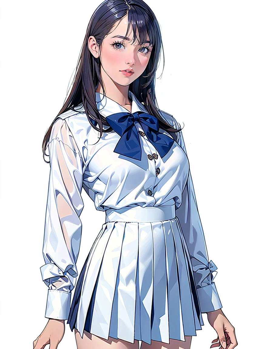 (Highest quality、masterpiece、、Highest quality、Hyperrealism、Ultra HD)、(White polyester collared blouse:1.2)、(Navy Pleated Skirt:1.5)、( Red bow tie on chest:1.1)、Perfect Style、Perfect body line、Large Breasts、Slender body、Perfect beautiful anime style、Smooth anime CG art、(The simplest pure white background:1.1)、Standing Elegantly、(Panties photographed from below:1.1)、 I can see her panties:1.1)、Embarrassed expression、smile