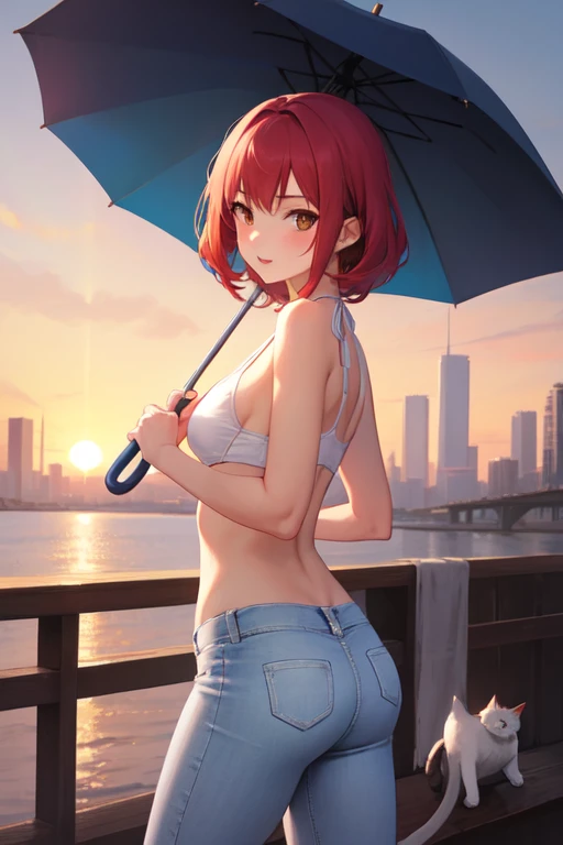 anime girl 26 years old white swimsuit navy blue denim pants urban landscape red hair brown eyes with cat on the shoulder and umbrella