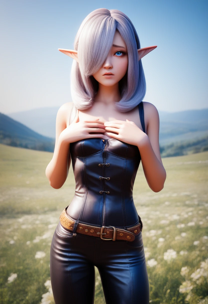 ((Best Quality)), (Masterpiece)), (Details: 1.4), Absurd Resolution, High Resolution, (Masterpiece: 1.4), Ultra Detailed, detailed gnome girl with pale skin, short stature, and very long silver hair that curls at the ends, covering one eye, with small breasts, pouty lips, and bright blue anime-style eyes with long lashes, wearing a corset, white puffy long sleeved shirt, and puffy cloth pants, leather bound boots, set in a windy fantasy landscape, (best quality,4k,8k,highres,masterpiece:1.2),ultra-detailed, dungeons and dragons, long elf ears, small girl, detailed skin and cloth textures, cute detailed face, intricate details, extremely detailed, 1girl, dynamic pose with hair covering one eye, shy personality, cloth pants with leather belt, detailed privateer outfit, detailed buccaneer outfit