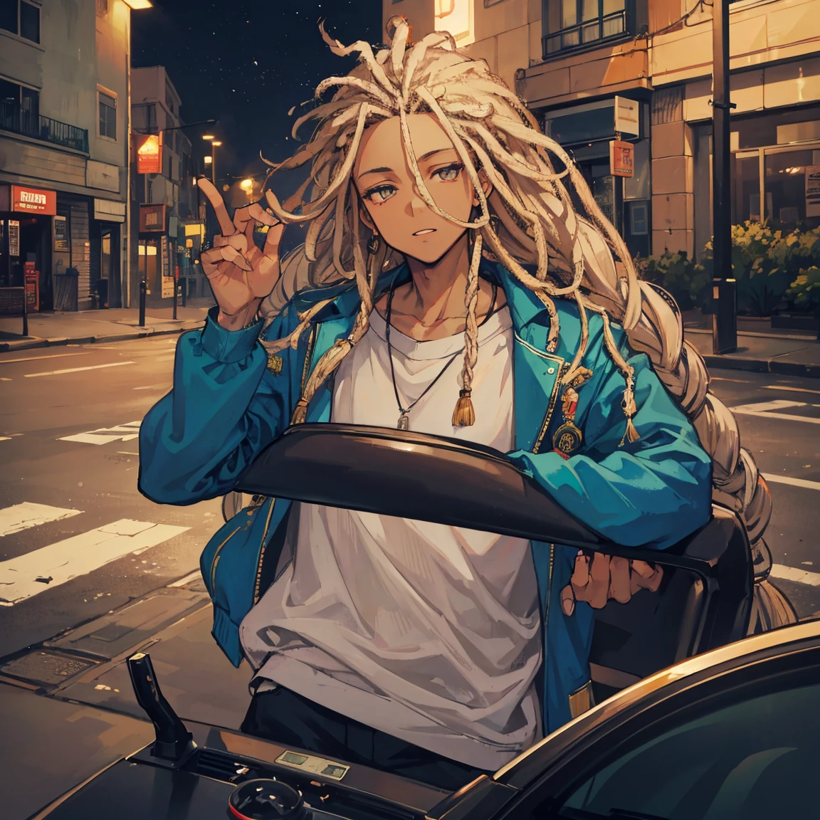light skin guy with dreadlocks, smoking and driving at night, on a lonely street