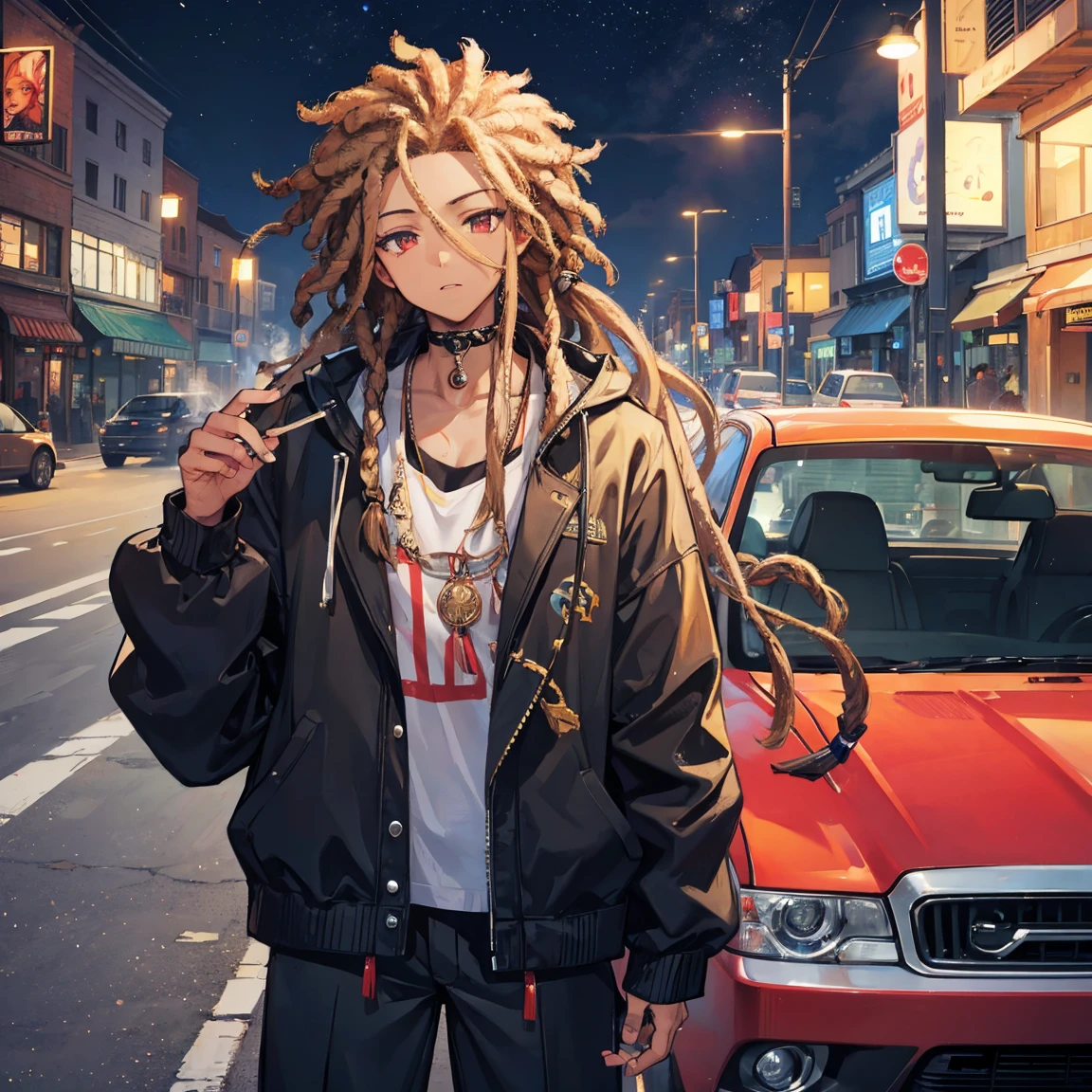 light skin guy with dreadlocks, smoking and driving at night, on a lonely street