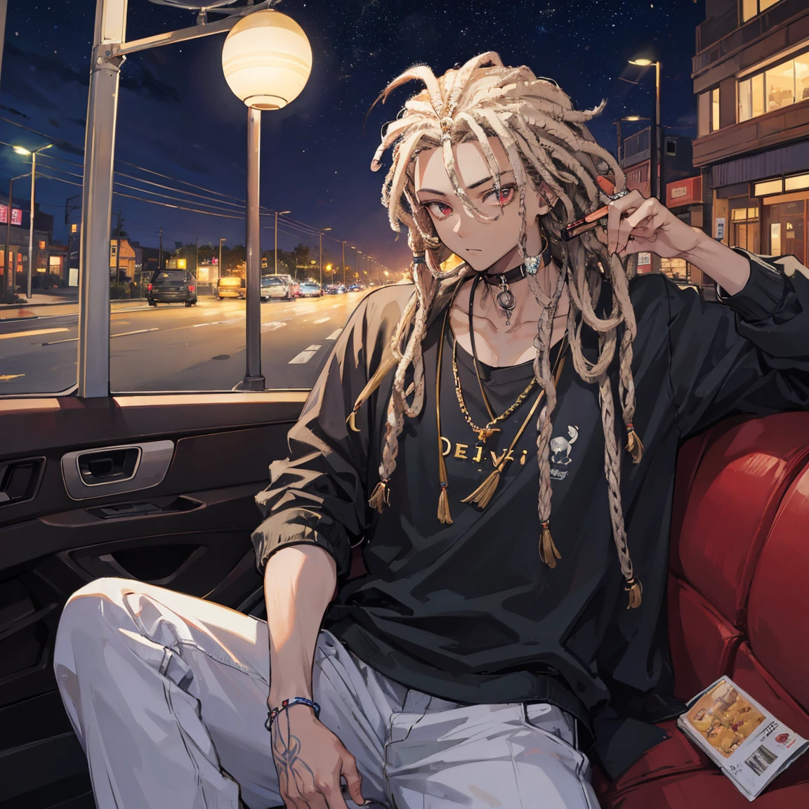 light skin guy with dreadlocks, smoking and driving at night, on a lonely street