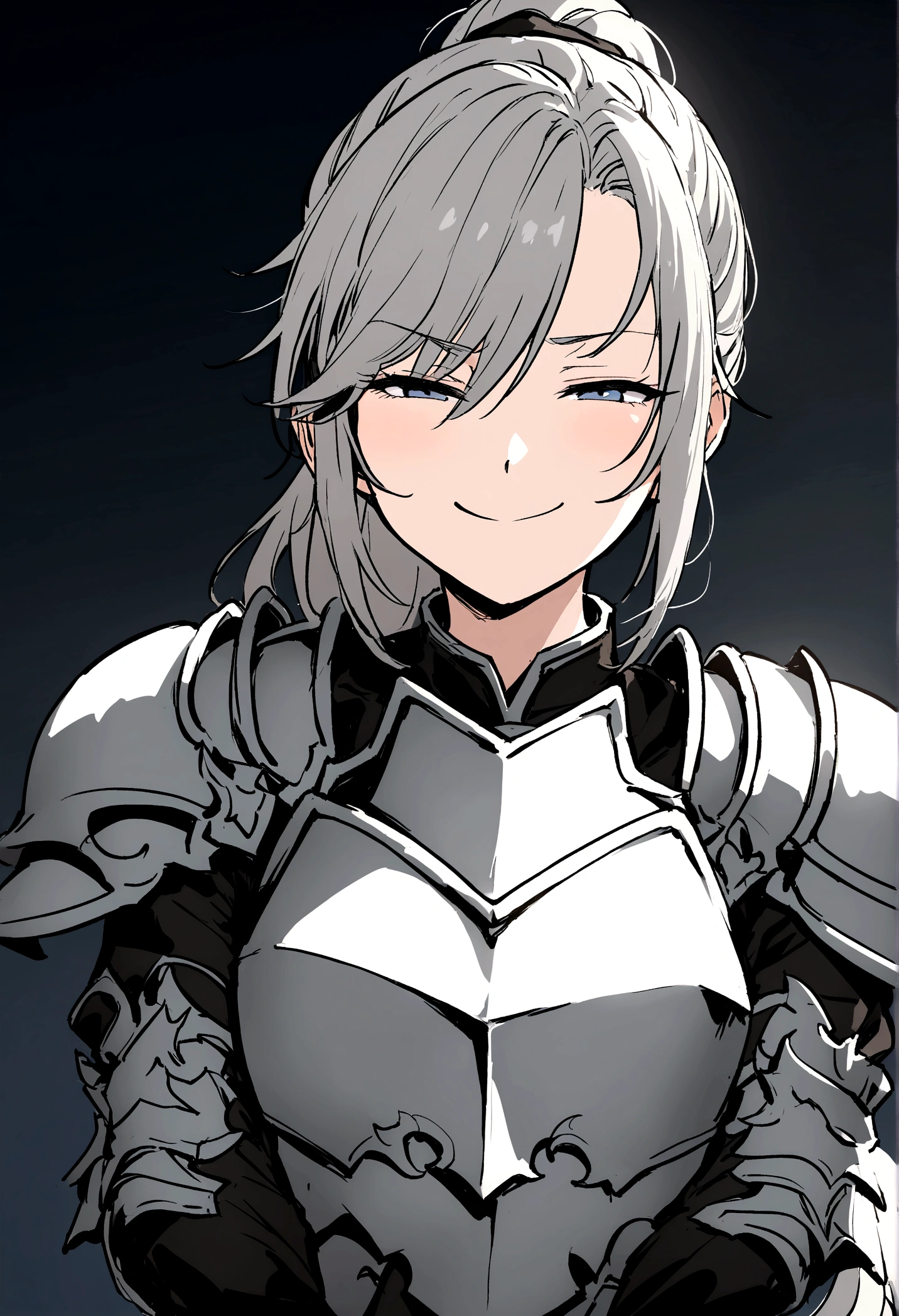Beautiful girl knight in armor, Gray Hair, tsurime, fantastic, Face your body forward like a certificate photo, shoot from front, Ponytail, Armor Girl, beautiful female knight, Female Paladin, pale blue eyes, narrowed eyes squint, Talking mouth, upper body shot, drawing both arms, Mouth closed, eyes squinted even more, smiling face.