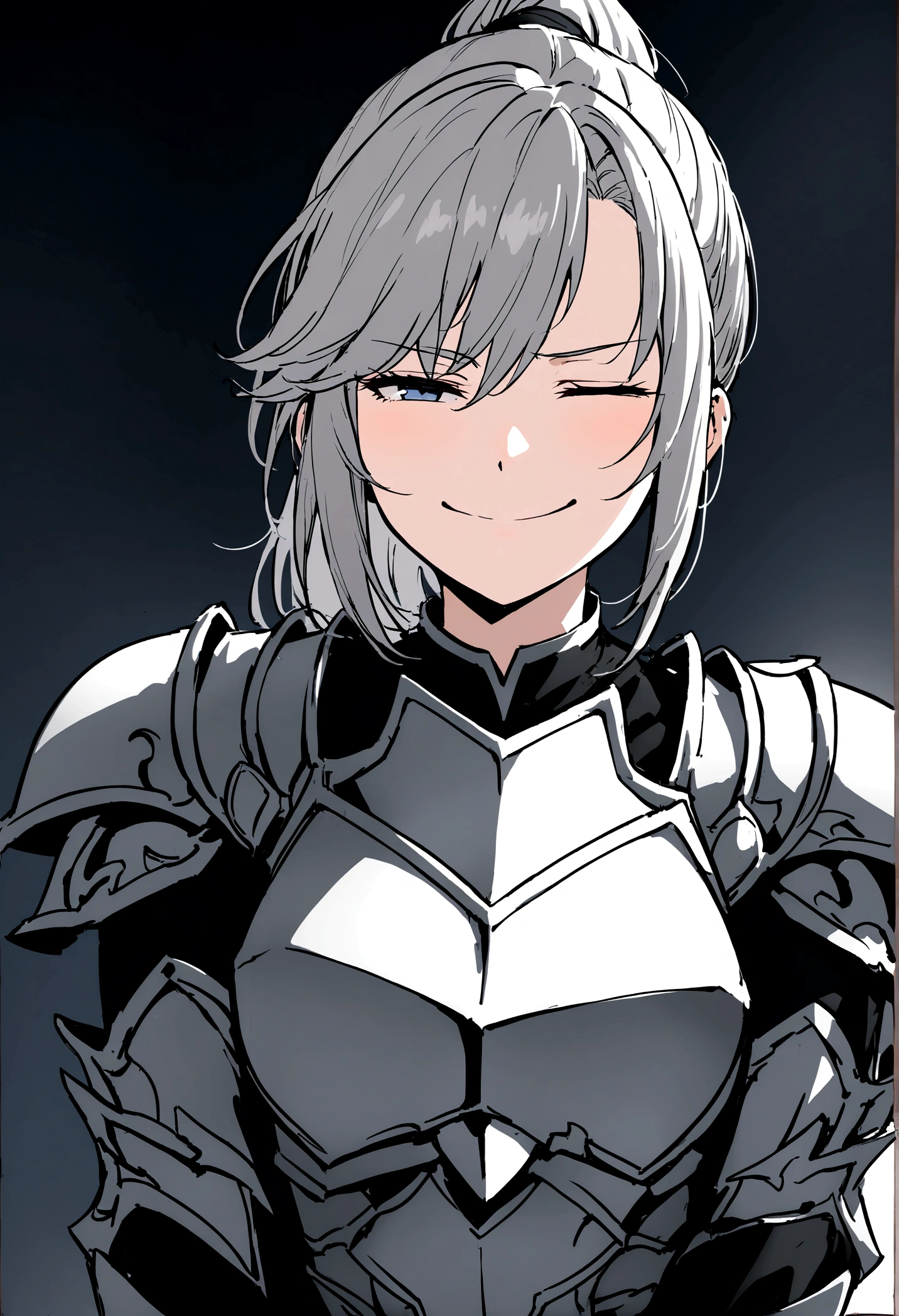 Beautiful girl knight in armor, Gray Hair, tsurime, fantastic, Face your body forward like a certificate photo, shoot from front, Ponytail, Armor Girl, beautiful female knight, Female Paladin, pale blue eyes, narrowed eyes squint, Talking mouth, upper body shot, drawing both arms, Mouth closed, eyes squinted even more, smiling face.