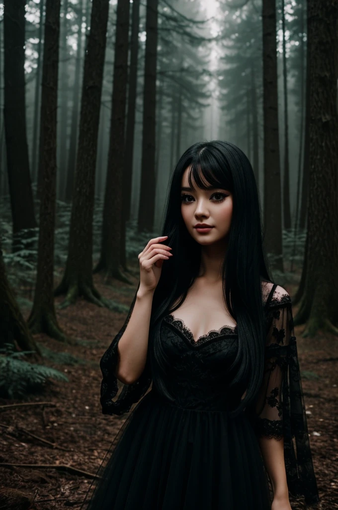 Cute girl red eyes long eyelashes long black hair black lace dress inside a magical forest surrounded by a dark fog