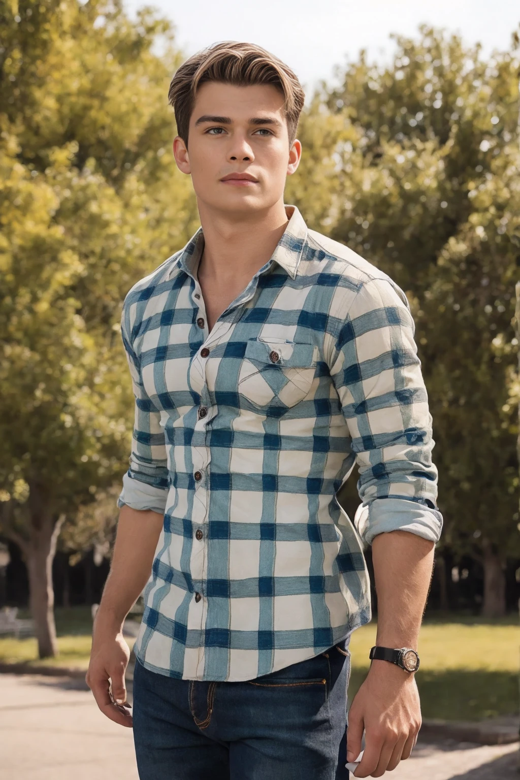 Nicholas Galitzine, ((masterpiece)), ((best quality:1.2)), High Resolution, 8k, male focus, (ultra_realistic:1.3), (photorealistic:1.4), Grayson Dolan, ((masterpiece)), ((best quality:1.2)), realistic, muscular, manly, ((wearing a fitted flannel shirt:1.3)), ((with (two buttons undone):1.4)), (he is wearing denim jeans), with belt:1.4), (bulge in pants), outdoors, looking at viewer, HDR, 8K, absurdres, perfect, intricate detail, cinematic, depth of field, raw photography, hazel eyes, styled blonde hair, solo, 1boy,