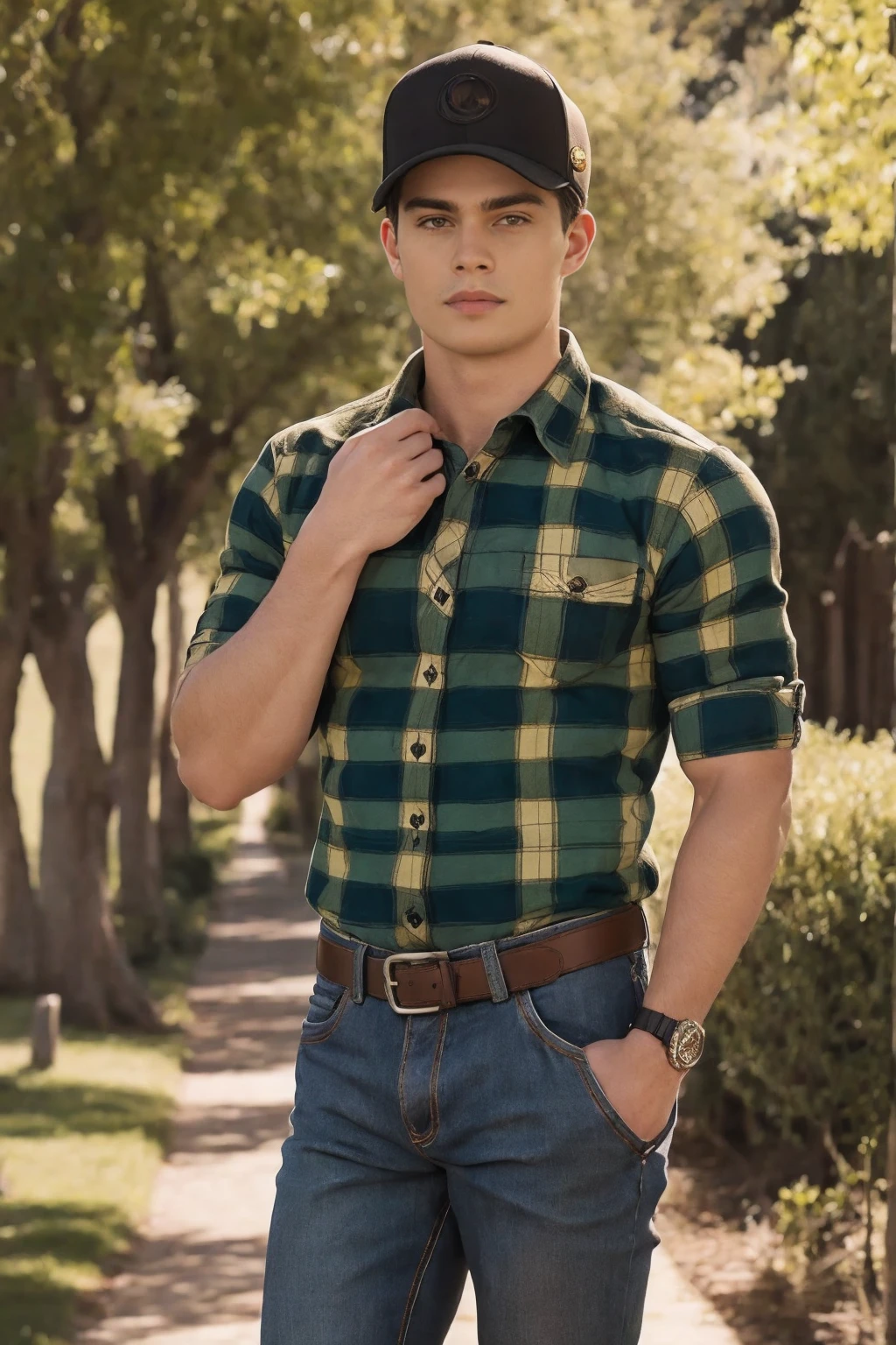 Nicholas Galitzine, ((masterpiece)), ((best quality:1.2)), High Resolution, 8k, male focus, (ultra_realistic:1.3), (photorealistic:1.4), Grayson Dolan, ((masterpiece)), ((best quality:1.2)), realistic, muscular, manly, ((wearing a fitted flannel shirt:1.3)), ((with (two buttons undone):1.4)), (he is wearing denim jeans), with belt:1.4), (bulge in pants), outdoors, looking at viewer, HDR, 8K, absurdres, perfect, intricate detail, cinematic, depth of field, raw photography, hazel eyes, styled blonde hair, solo, 1boy,