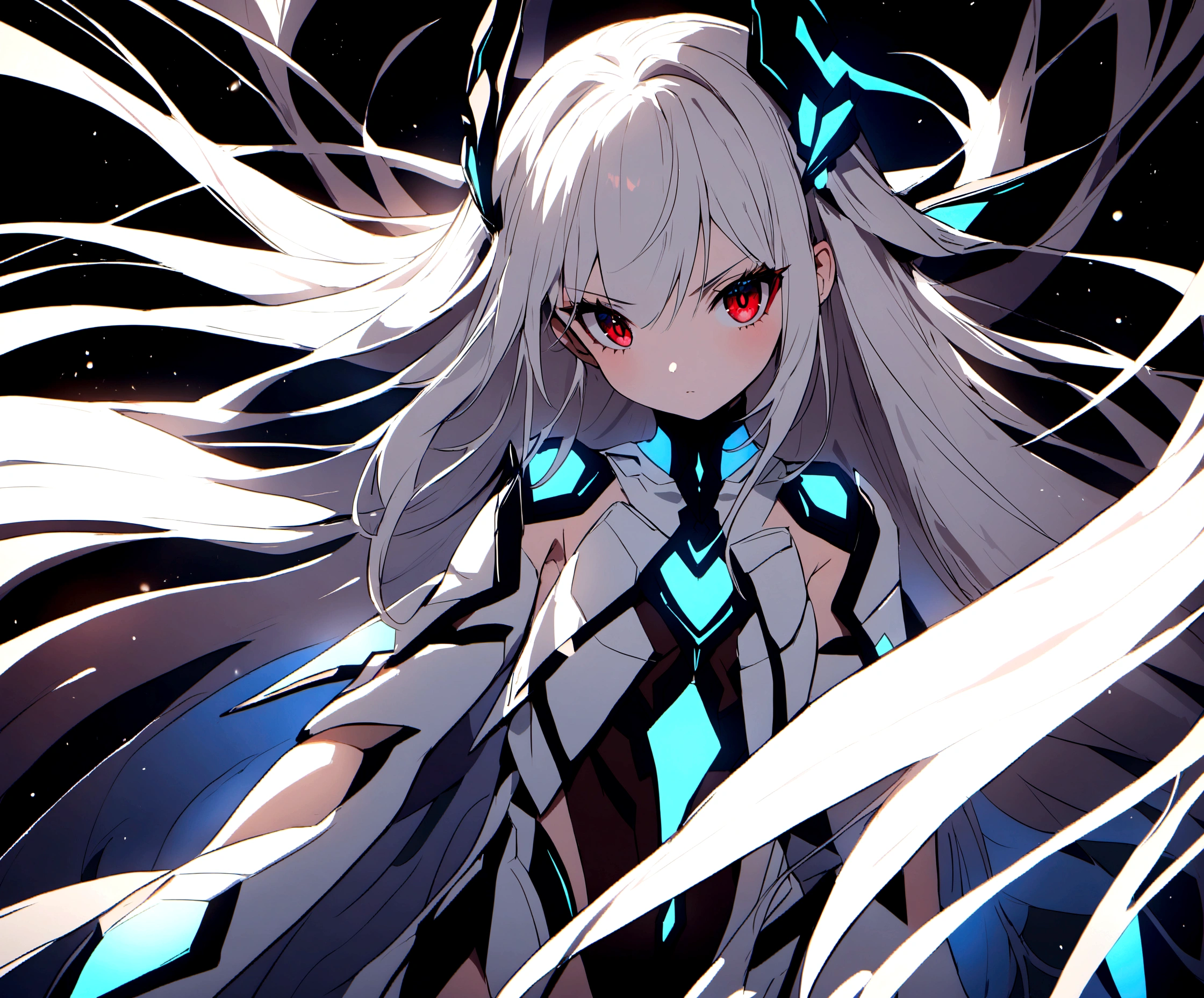 a futuristic magicalgirl, white long hair, red eyes, wearing a high detailed clearly futuristic magicalgirl outfit