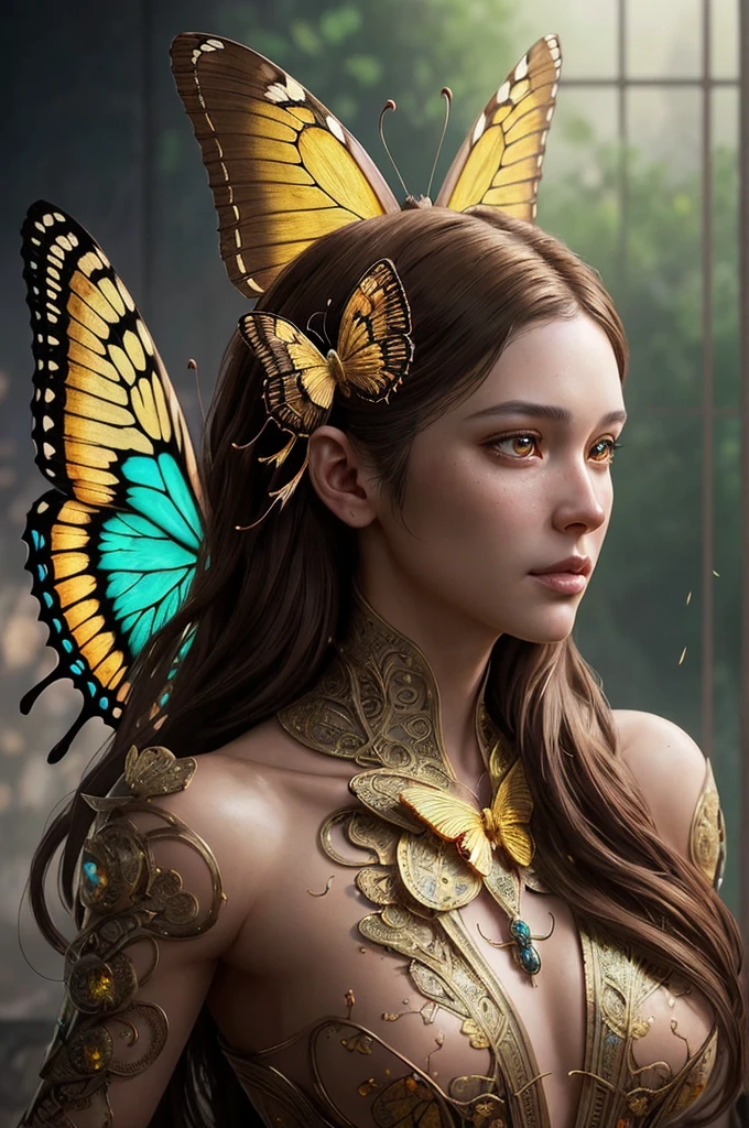 8k portrait of a beautiful cyborg with brown hair, intricate, elegant, Very detailed, majestic, digital photography, art by artgerm and ruan jia and greg rutkowski surreal painting golden butterfly filigree, broken glass, (Masterpiece, side lighting, Beautiful finely detailed eyes: 1.2), HDR, (Detailed background window to a new dimension, Plants and flowers:0.7) plenty, infinity symbol,