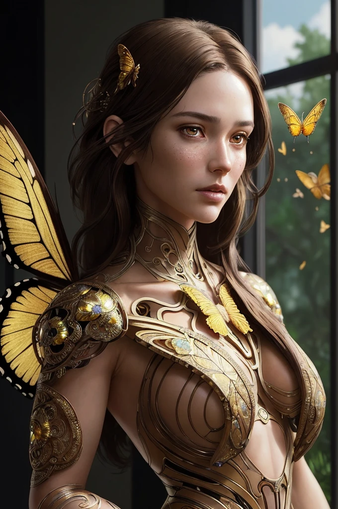 8k portrait of a beautiful cyborg with brown hair, intricate, elegant, Very detailed, majestic, digital photography, art by artgerm and ruan jia and greg rutkowski surreal painting golden butterfly filigree, broken glass, (Masterpiece, side lighting, Beautiful finely detailed eyes: 1.2), HDR, (Detailed background window to a new dimension, Plants and flowers:0.7) plenty, infinity symbol,