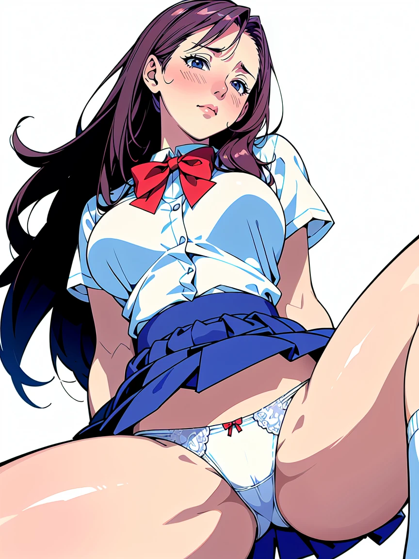 (Highest quality、masterpiece、、Highest quality、Hyperrealism、Ultra HD)、 A high school girl wearing a white blouse and a navy blue skirt:1.2)、( Red bow tie on chest:1.1)、Perfect Style、Perfect body line、Large Breasts、Perfect beautiful anime style、Smooth anime CG art、Standing Elegantly、(The simplest pure white background:1.2)、(Panties shot from below:1.3)、Spread your legs、(Open your crotch to show your panties:1.2)、Embarrassed expression、blush