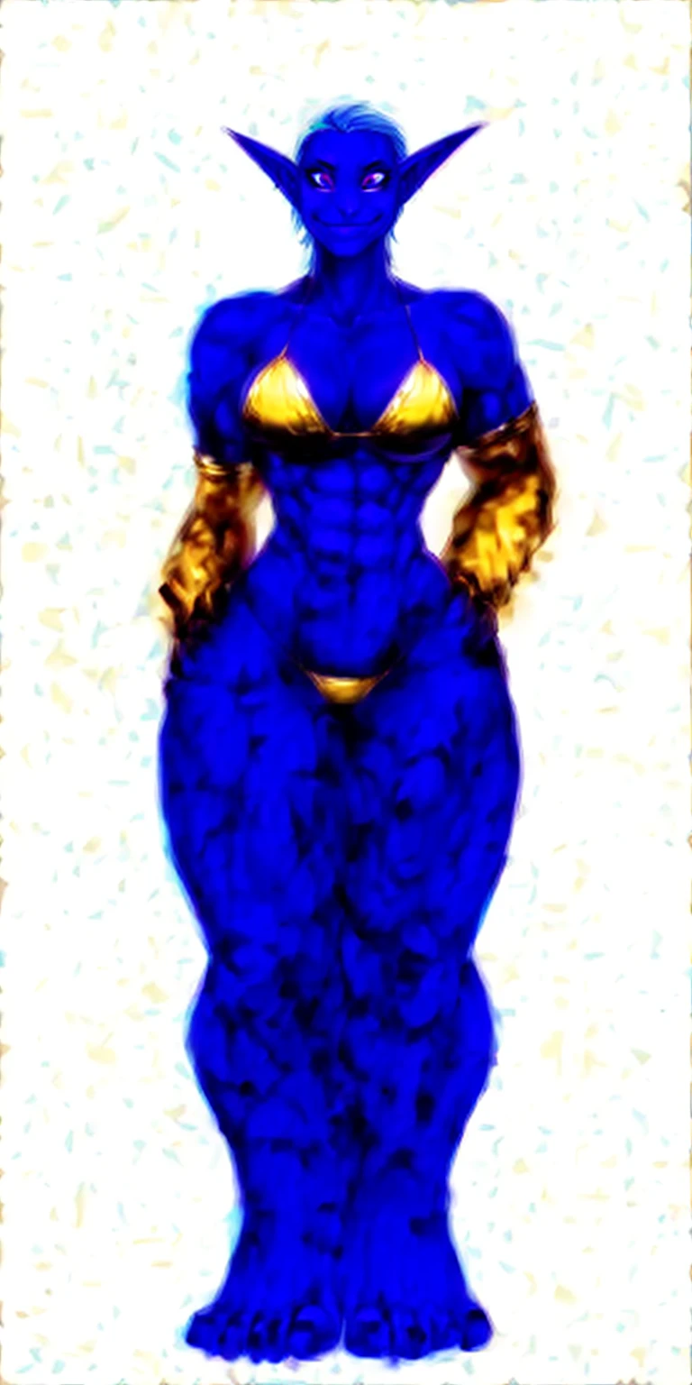((plain background:1.2, 1sologirl)) full body standing barefoot hands on waist navel, very purple skin, drow, elf, Madura, Detailed happy face, purple eyes, white hair bob style, gold bikini, well defined six pack abs, Large knockers, golden gloves
