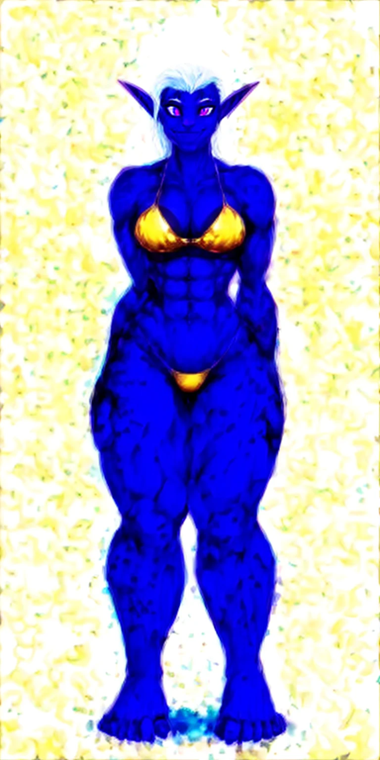 ((plain background:1.2, 1sologirl)) full body standing barefoot hands on waist navel, very purple skin, drow, elf, Madura, Detailed happy face, purple eyes, white hair bob style, gold bikini, well defined six pack abs, Large knockers, golden gloves