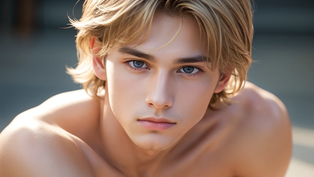 photograph, Young male perfection, 18-year-old, Strong jawline, No cleft jaw, Fuller lips, Roman Nose, Short blonde, Hazel Eyes, Ultra-realistic, 8k --v 4