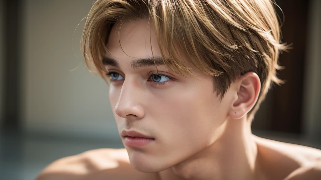 photograph, Young male perfection, 18-year-old, Strong jawline, No cleft jaw, Fuller lips, Roman Nose, Short blonde, Hazel Eyes, Ultra-realistic, 8k --v 4